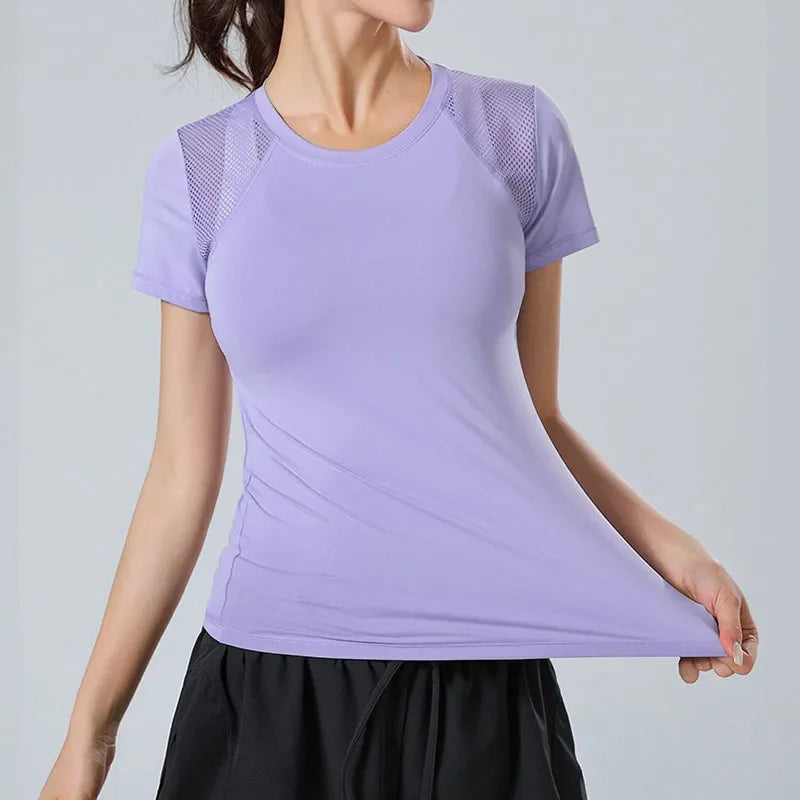 PofyBofy Mesh Stitching Reflective Strip Back Quick Dry Elastic Breathable Basic Short Sleeve Yoga T-shirt Women Gym Fitness Top
