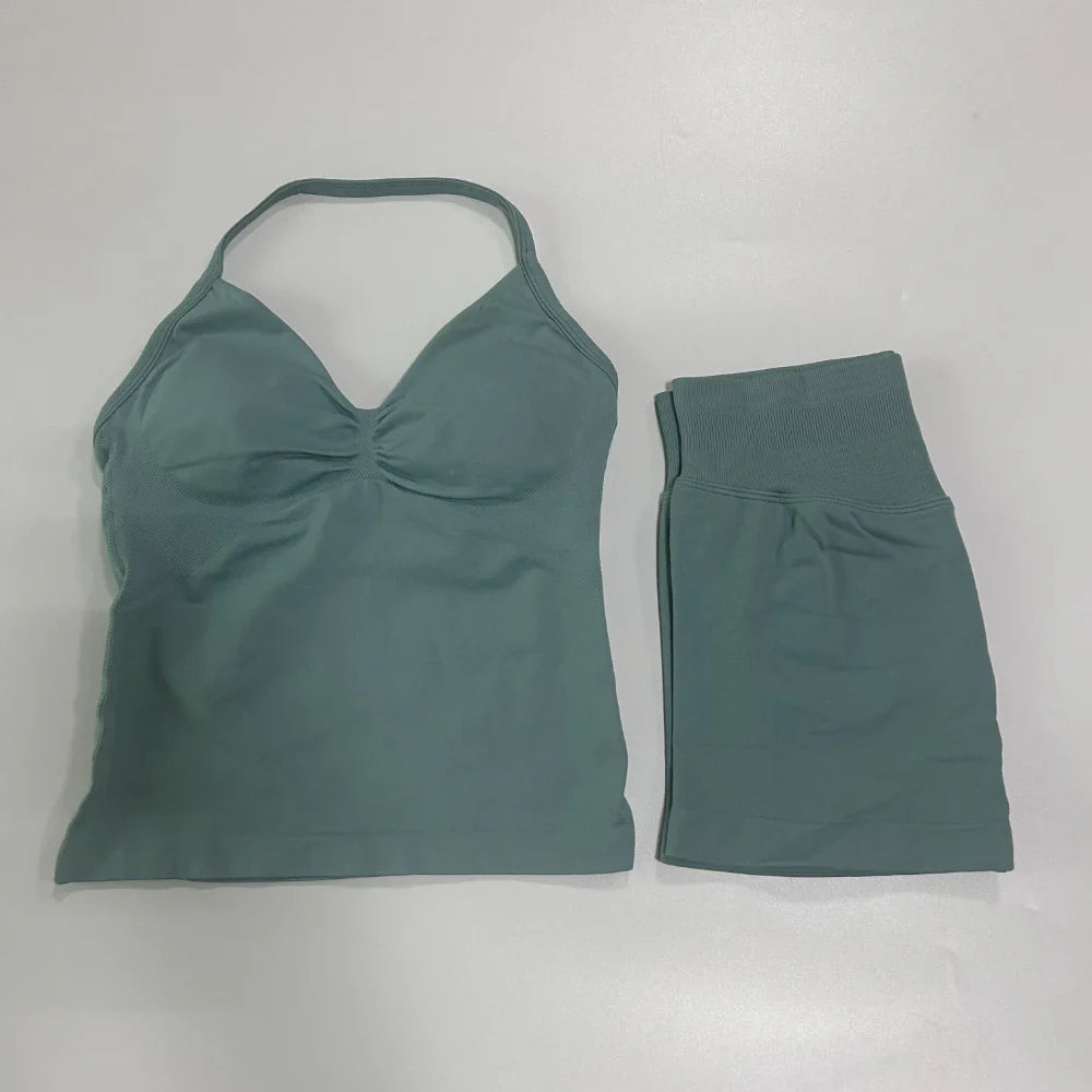 2Pcs Gym Set Women Backless Tank Tops High Waist Scrunch Seamless Shorts Gym Suit Fitness Clothes Activewear Workout Set