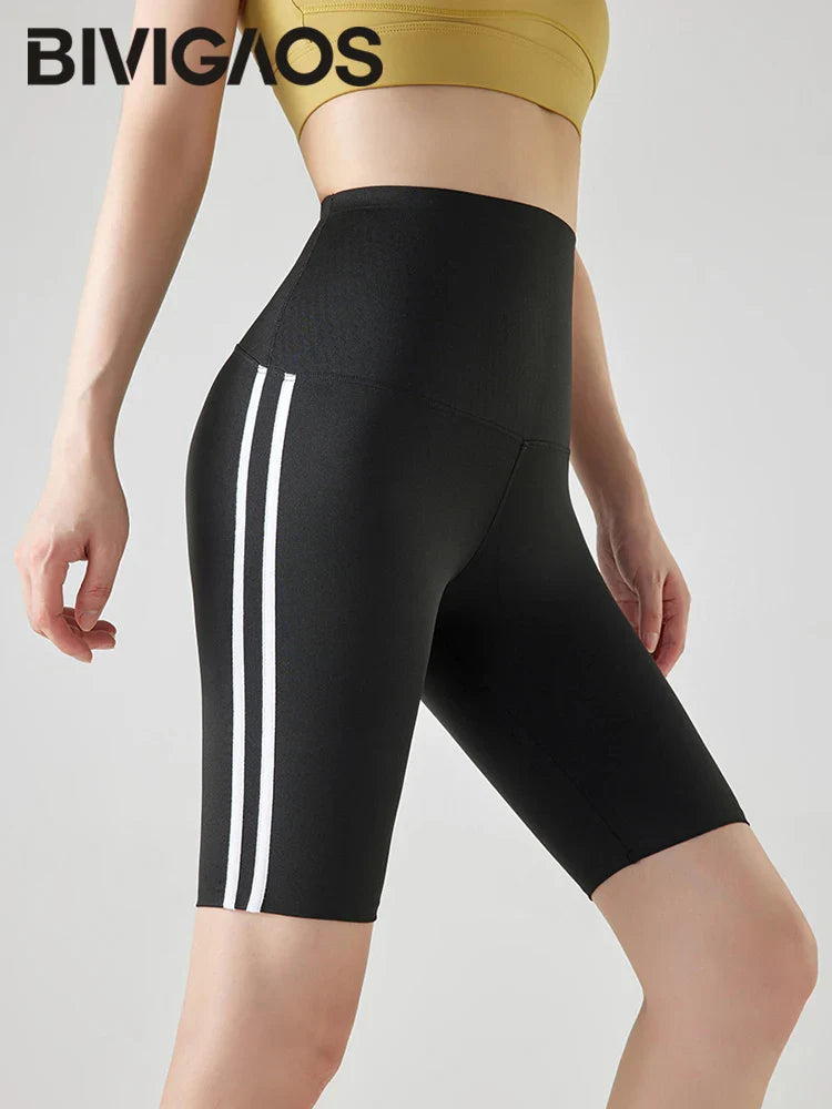 Stripe Side Double Stripe Cycling Shorts Women Sports Running Short Leggings High Waist Slim Fitness Biker Shorts