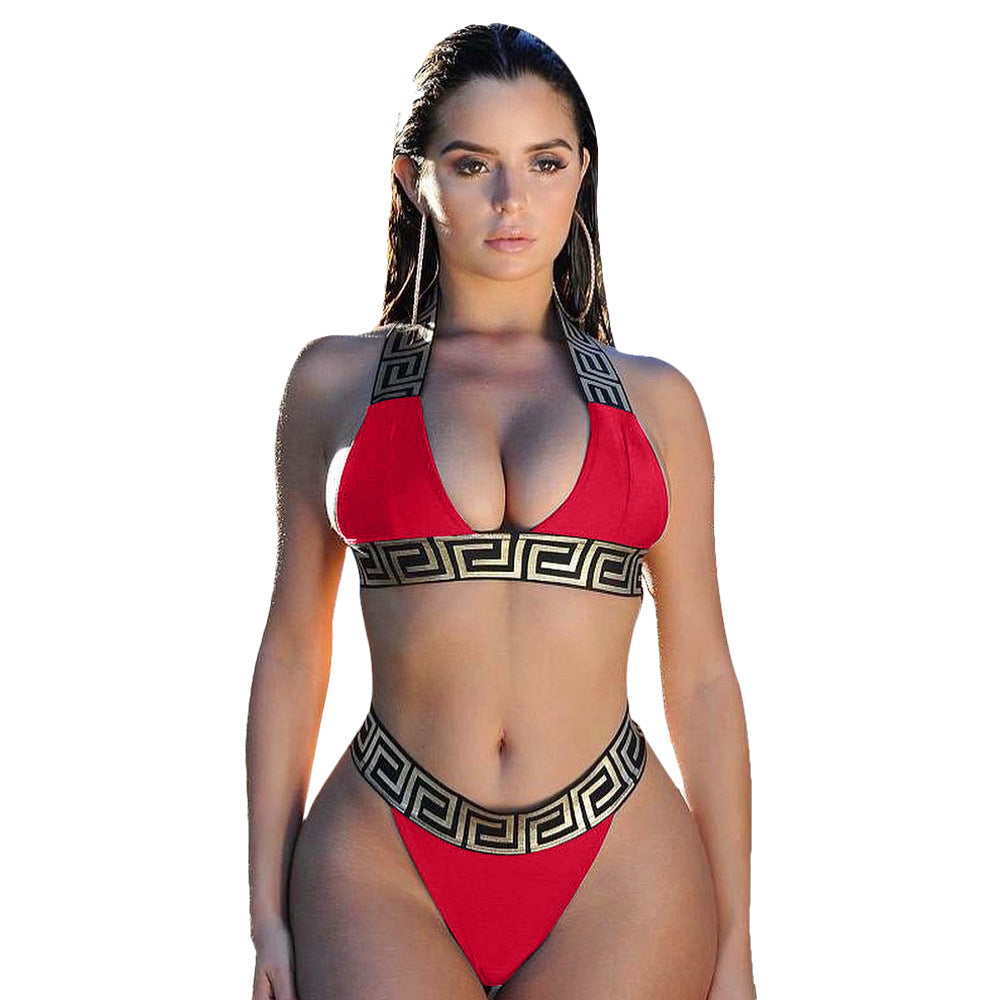Print Black Push Up Bikini Two Pieces Set Women Swimwear Bandage Halter Swimsuit Bathing Suit