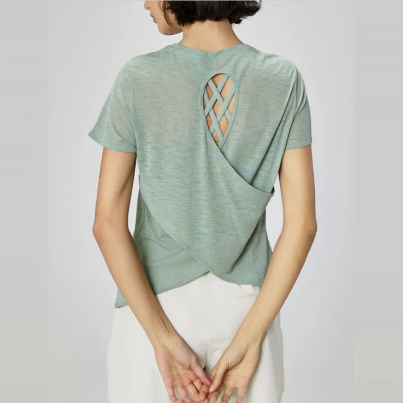 Aiithuug Breathable Mesh Yoga Short Sleeve Crisscross Back Yoga Short Sleeve Blouse Quick Dry Gym Shirt Casual Cutout Back Yoga