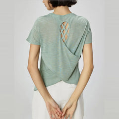 Aiithuug Breathable Mesh Yoga Short Sleeve Crisscross Back Yoga Short Sleeve Blouse Quick Dry Gym Shirt Casual Cutout Back Yoga