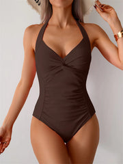 Plain Ruched Fashion Swimsuit Women One Piece Lace Up Swimwear Female Bathers Bathing Swimming Bodysuit Summer Beachwear