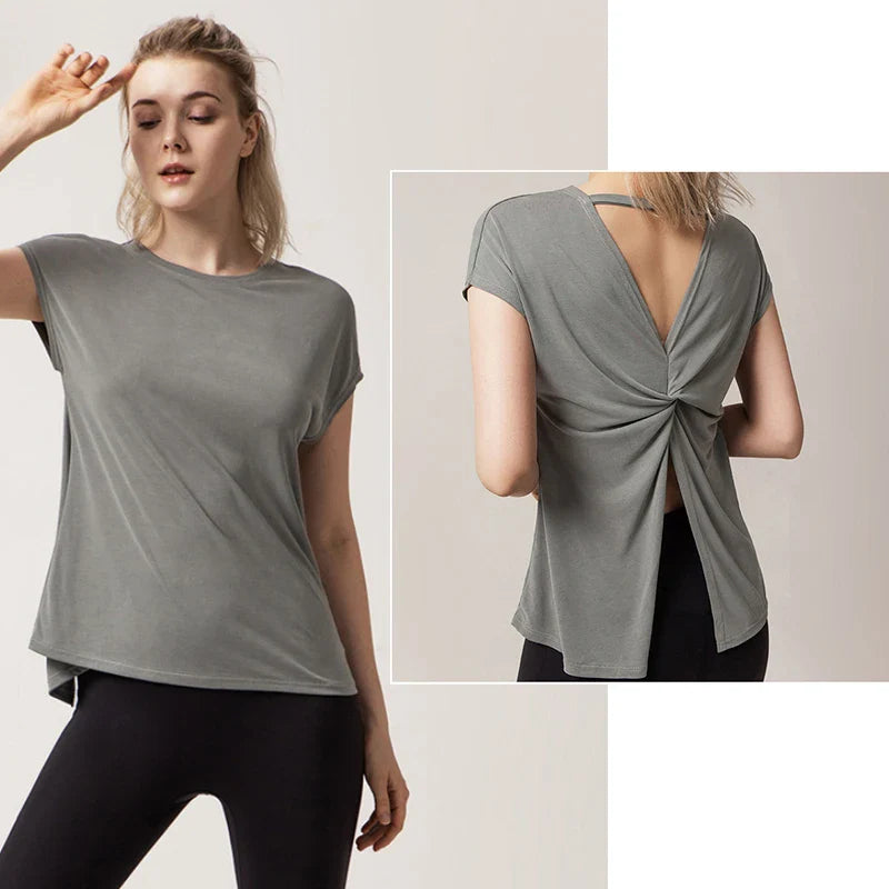 Aiithuug U Neck Cross Back Open Yoga Tops Loose Vest Short Sleeves Quick Drying Breathable Tops Workout Pilates Cover-up Shirts