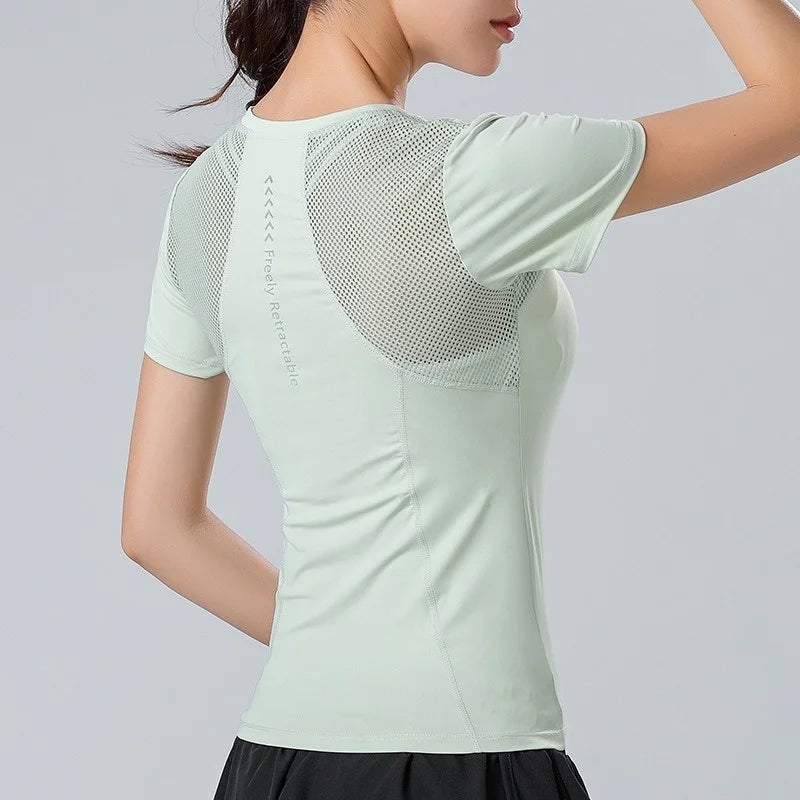 PofyBofy Mesh Stitching Reflective Strip Back Quick Dry Elastic Breathable Basic Short Sleeve Yoga T-shirt Women Gym Fitness Top