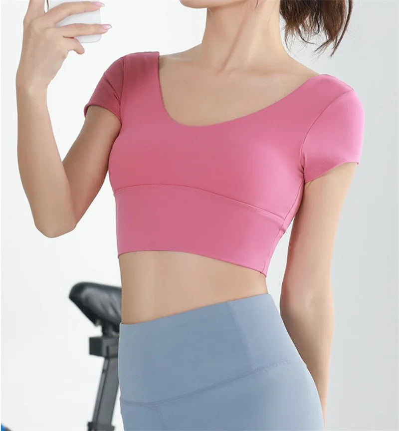 Built-in Cup Gym Crops U Neck Yoga Crop Top Grace Neck Line Bra Elastic Stretchy Fitness Crops Breathable Gym Top