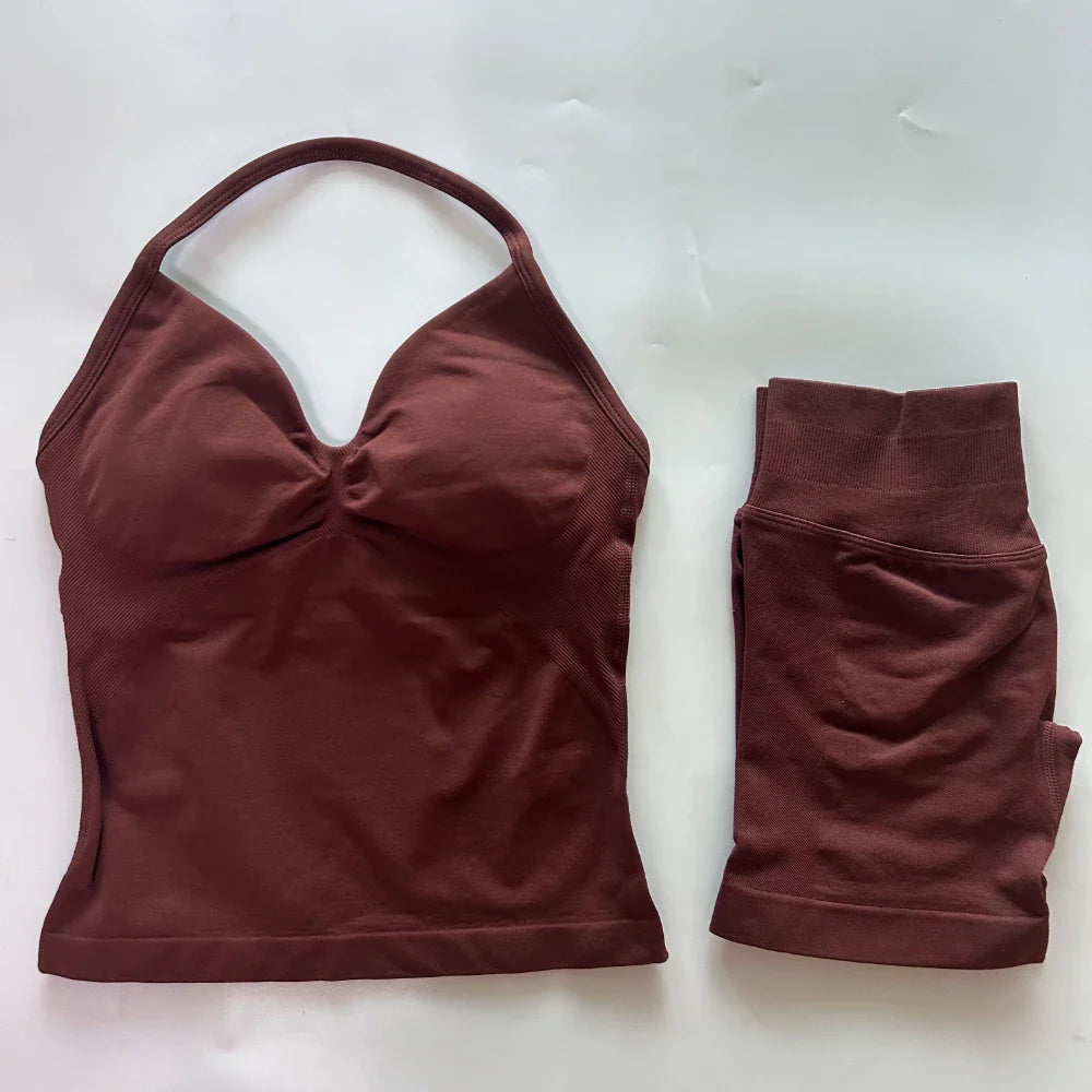 2Pcs Gym Set Women Backless Tank Tops High Waist Scrunch Seamless Shorts Gym Suit Fitness Clothes Activewear Workout Set