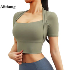 Fabric Yoga Crop Short Sleeve Build-in Bra Square Neck Gym Crop Top Workout Bra Crop U Neck Yoga Crops with Bra