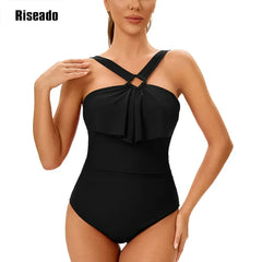 Women's One Piece Swimsuits Tummy Control Halter High Waisted Bathing Suit with Ruffle Shoulder