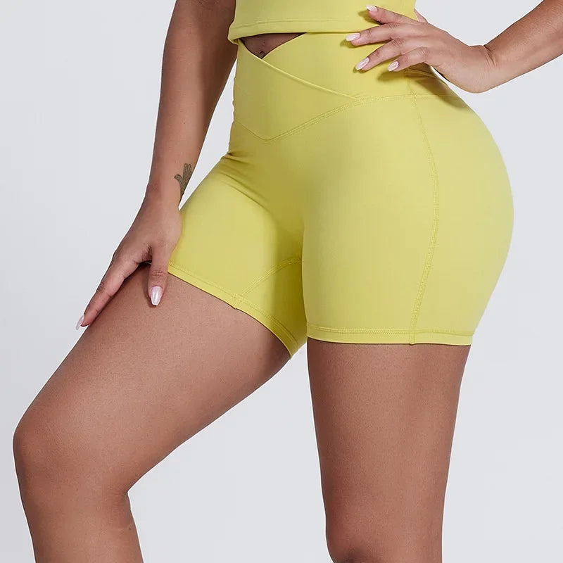 Peach Butt Lift Crossover Waist 4" Gym Shorts High Waist V Yoga Workout Running Shorts