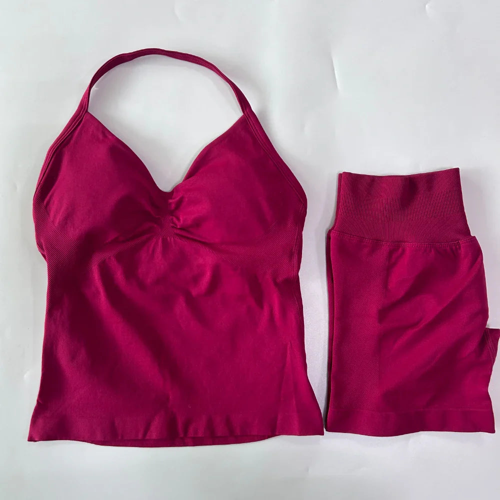 2Pcs Gym Set Women Backless Tank Tops High Waist Scrunch Seamless Shorts Gym Suit Fitness Clothes Activewear Workout Set