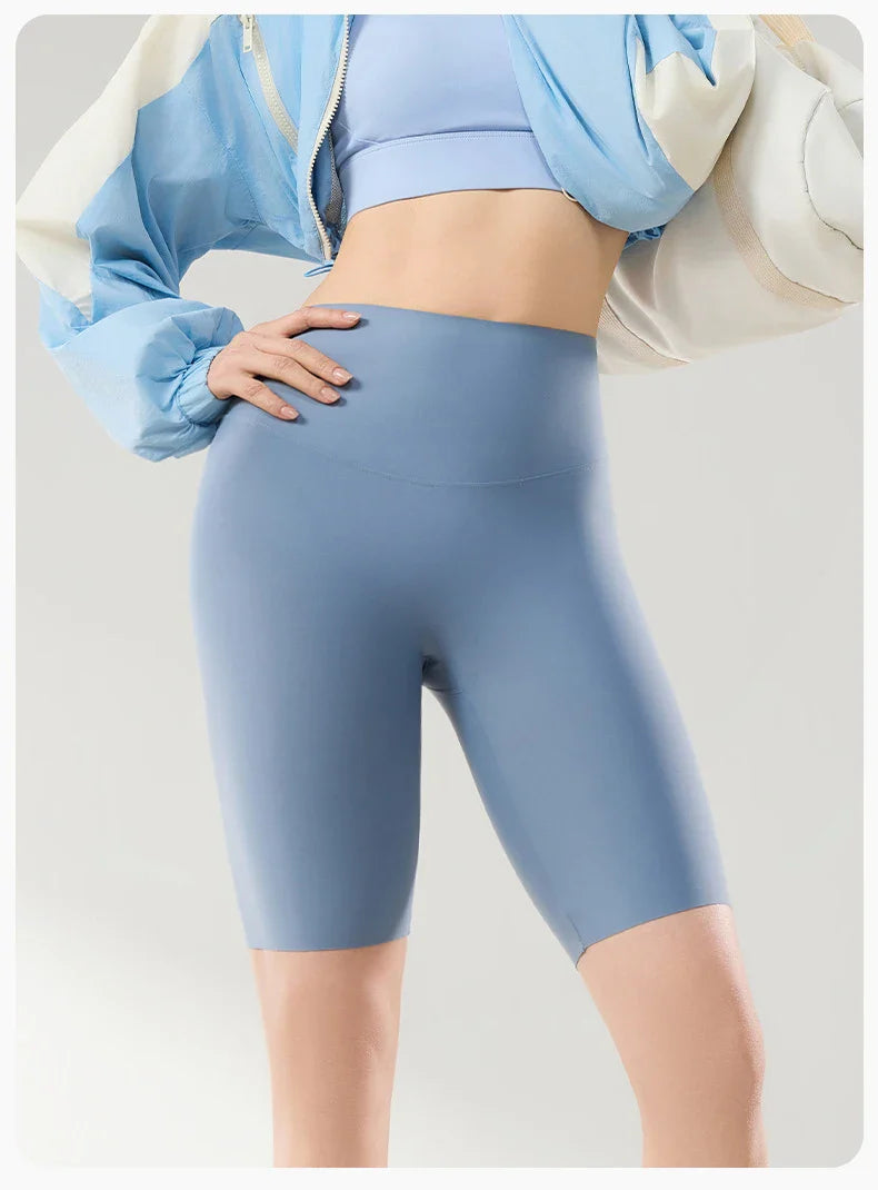 Thin Seamless High Waist Sharkskin Bicycle Shorts Women Knee Length Tight Biker Shorts Sport Short Leggings