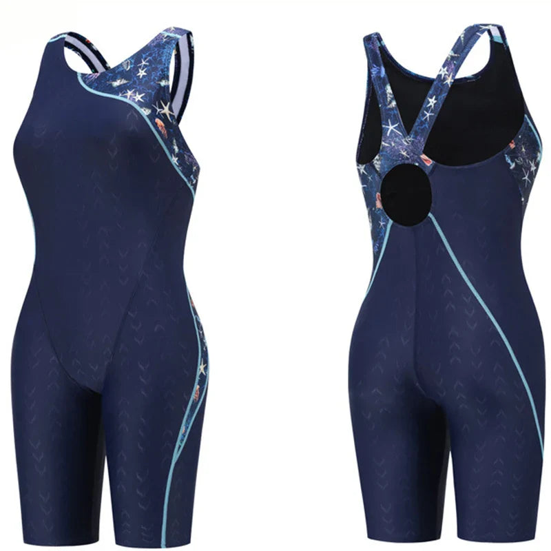 One Piece Swimwear Splice Leg suit Junior Knee skin Women' Competition Swimsuit, bathing Suit with Chlorine Resistant Fabric