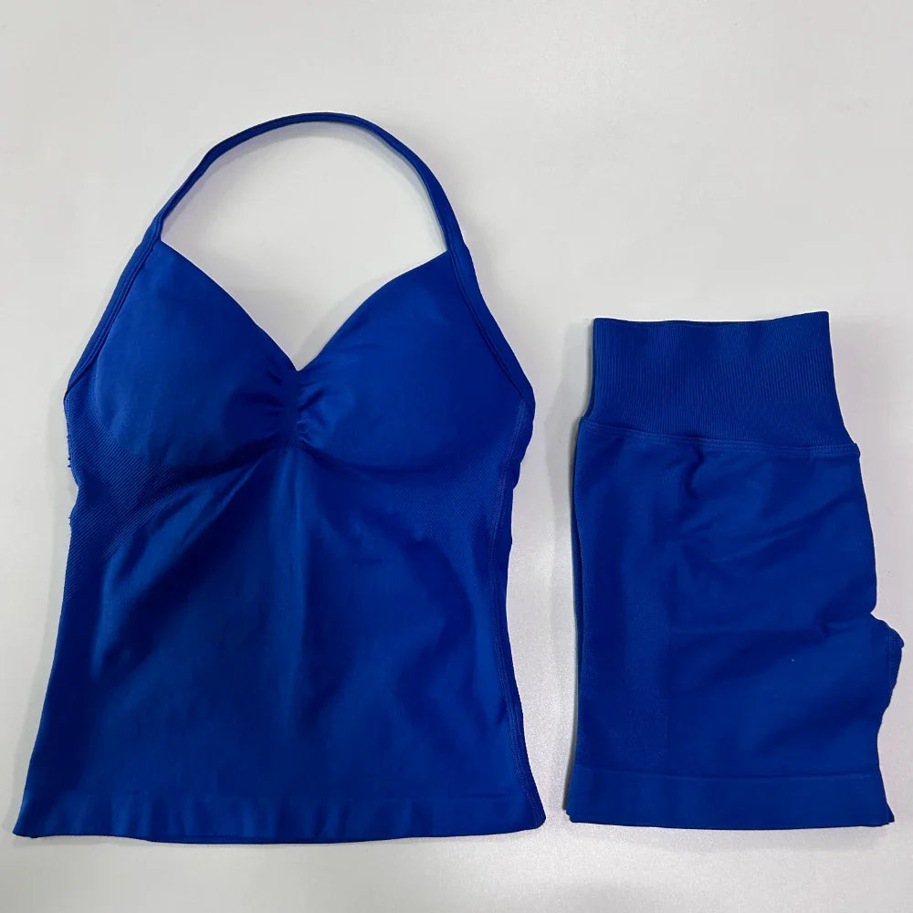 2Pcs Gym Set Women Backless Tank Tops High Waist Scrunch Seamless Shorts Gym Suit Fitness Clothes Activewear Workout Set
