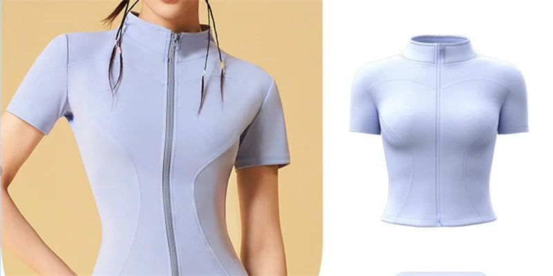 Aiithuug Yoga Tops Zipper Short Sleeve Gym Shirts Waist Slimmer Zip Up Sports Workout Top Fitness Jackets Running Slim Fit Tops