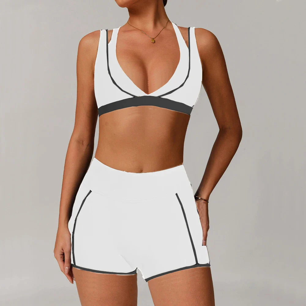Pad 2PCS Yoga Set Sports Bras V-Neck Halter Pocket Fitness Workout Running Leggings Gym Woman Active Wear Clothing