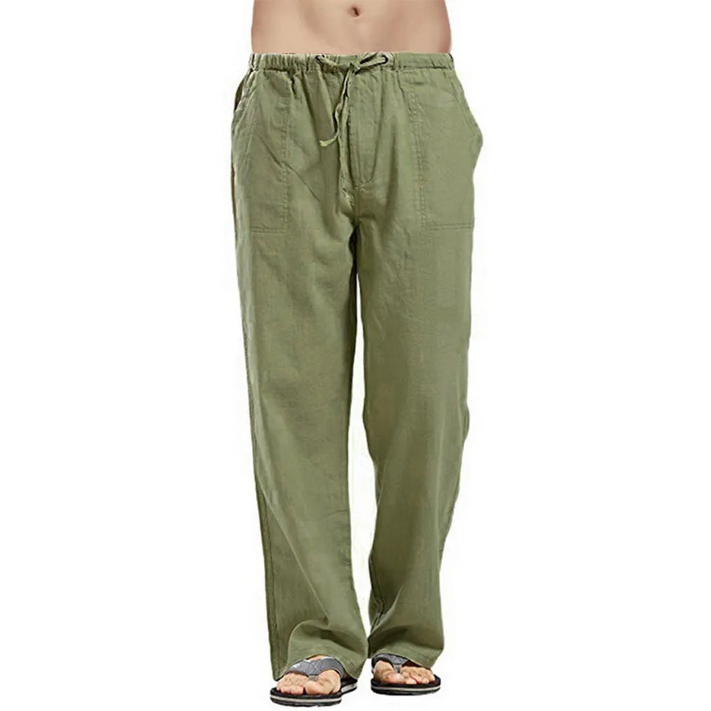 Cotton Linen Harem Pants Men Solid Elastic Waist Streetwear Joggers Baggy Drop-crotch Pants Casual Trousers Men Running
