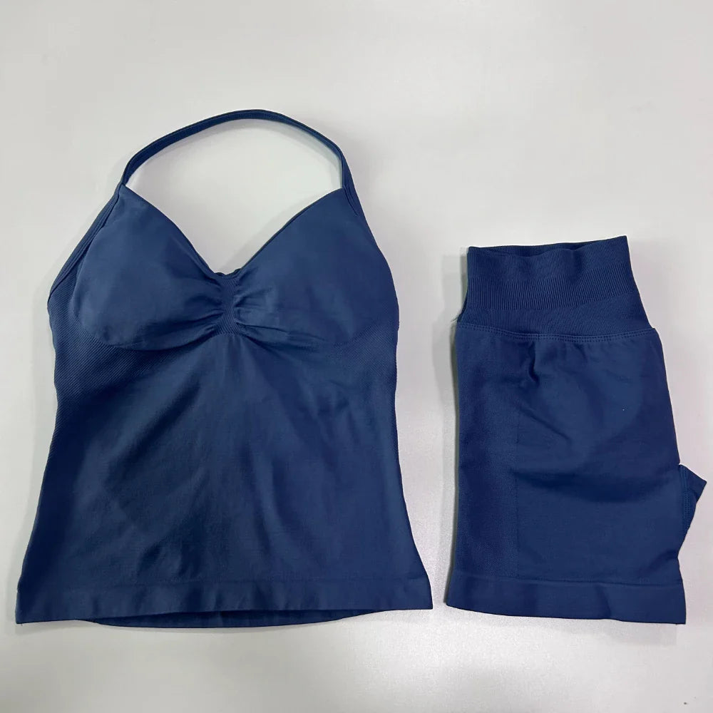 2Pcs Gym Set Women Backless Tank Tops High Waist Scrunch Seamless Shorts Gym Suit Fitness Clothes Activewear Workout Set