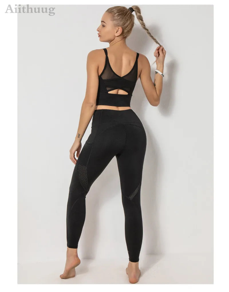 Mesh Breathable Yoga Bra Pilates Crop Bra Yoga Crops Gym Crop Fitness Top Quick Dry Spaghetti Strap Sports Bra