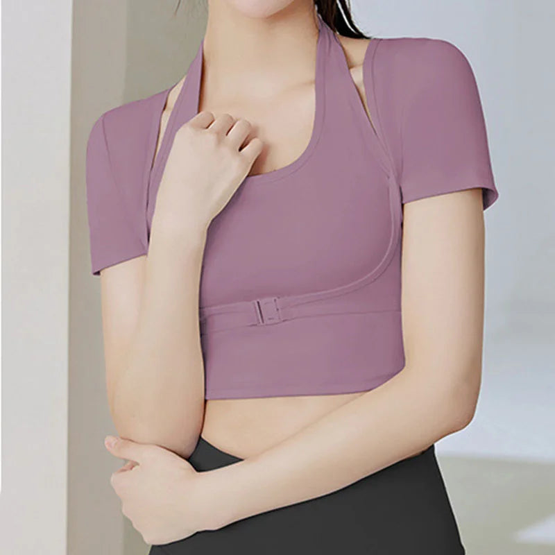 Two Pieces Yoga Shirts Short Sleeve Yoga Crop Tops Build In Cup Gym Crops Gym Shirt Fitness Workout Top Halterneck