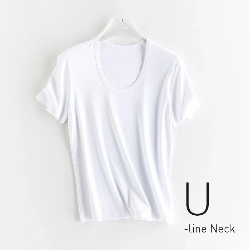 10% Silk & Mercerized Cotton Women T-shirt Luxury Tee Short Sleeve Silky Feeling Summer Wear Tops V / O-neck