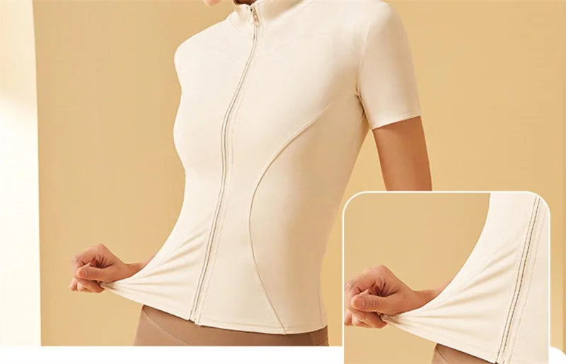 Aiithuug Yoga Tops Zipper Short Sleeve Gym Shirts Waist Slimmer Zip Up Sports Workout Top Fitness Jackets Running Slim Fit Tops