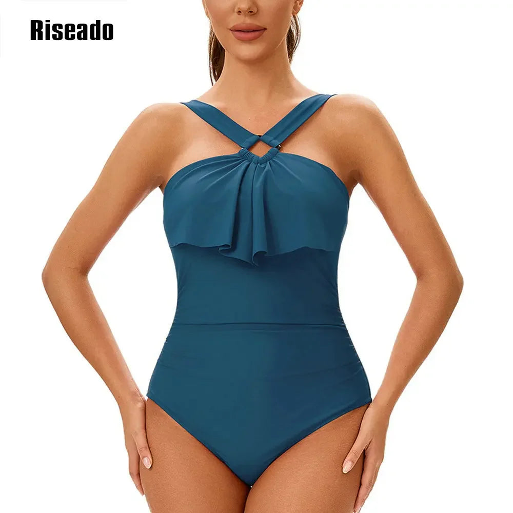 Women's One Piece Swimsuits Tummy Control Halter High Waisted Bathing Suit with Ruffle Shoulder