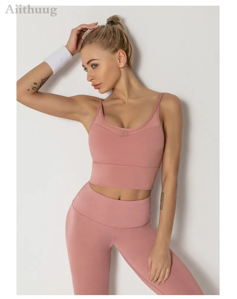 Mesh Breathable Yoga Bra Pilates Crop Bra Yoga Crops Gym Crop Fitness Top Quick Dry Spaghetti Strap Sports Bra
