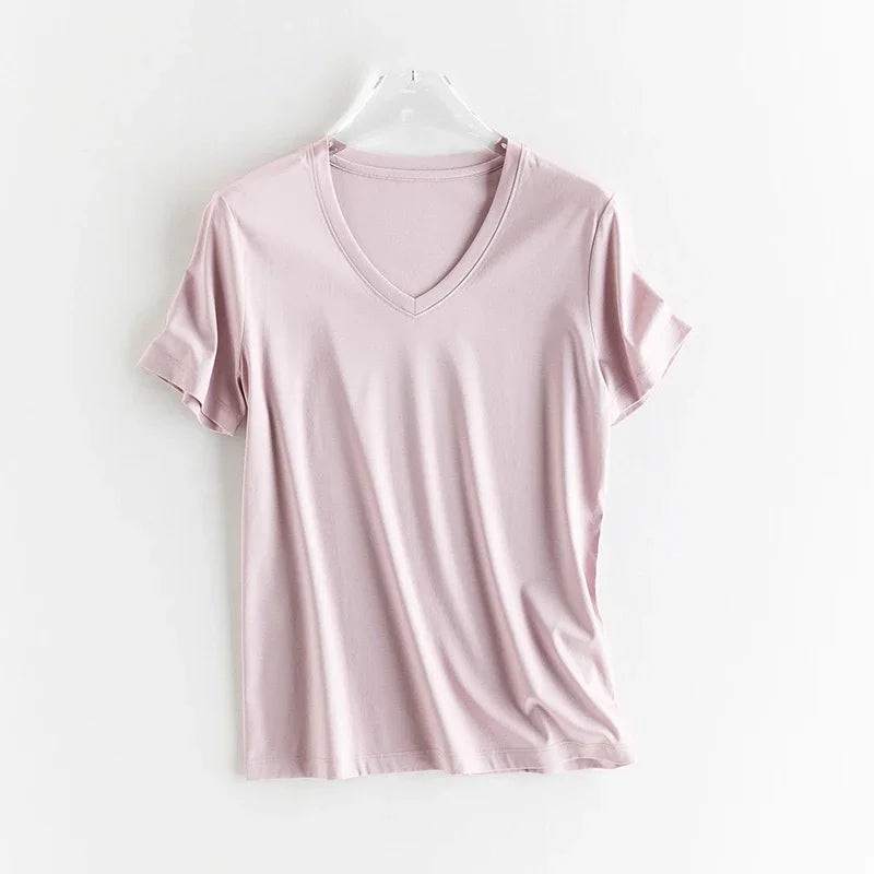 10% Silk & Mercerized Cotton Women T-shirt Luxury Tee Short Sleeve Silky Feeling Summer Wear Tops V / O-neck