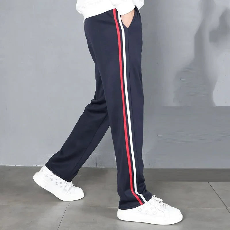 Red White Stripes Casual Sports Pants Solid Elastic Waist Pockets Durable Breathable Straight Trousers