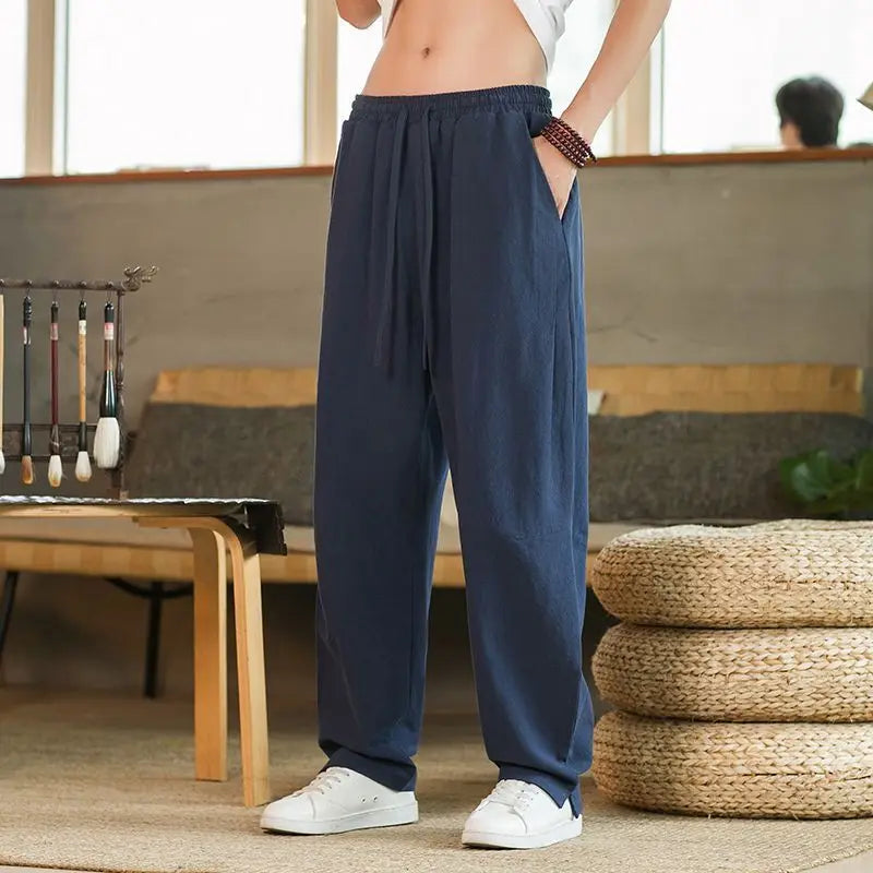 Men Elastic Waist Drawstring Wide Leg Pants Solid Color Loose Fit Casual Linen Blend Trousers