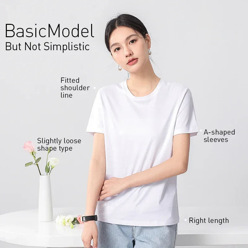 10% Silk & Mercerized Cotton Women T-shirt Luxury Tee Short Sleeve Silky Feeling Summer Wear Tops V / O-neck