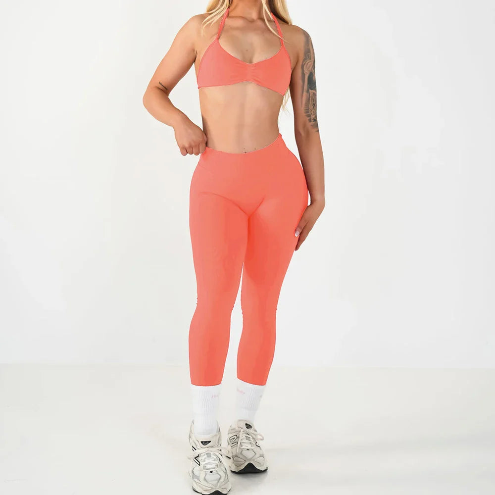 2PCS Seamless Yoga Set Women Workout Scrunch Leggings Strappy Sports Bra Fitness Gym Clothing Workout Set XP389