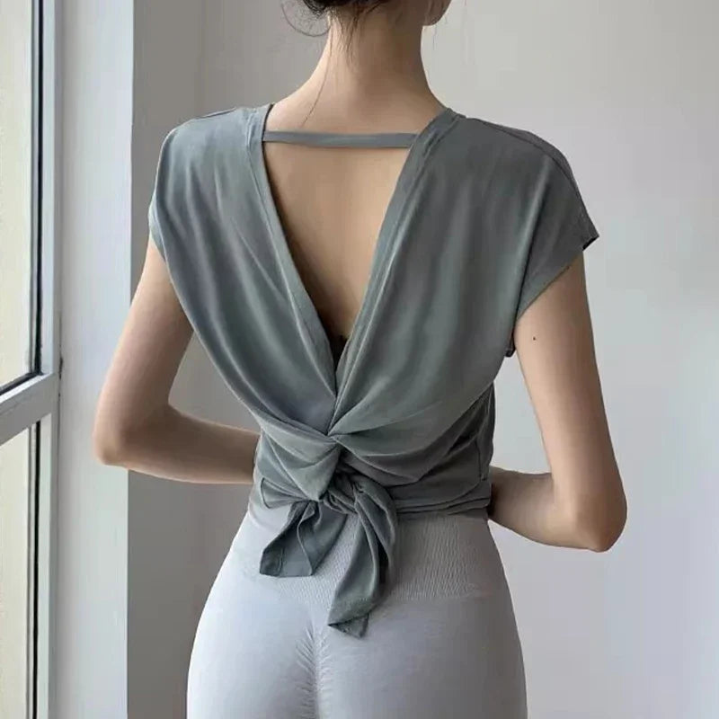 Aiithuug U Neck Cross Back Open Yoga Tops Loose Vest Short Sleeves Quick Drying Breathable Tops Workout Pilates Cover-up Shirts