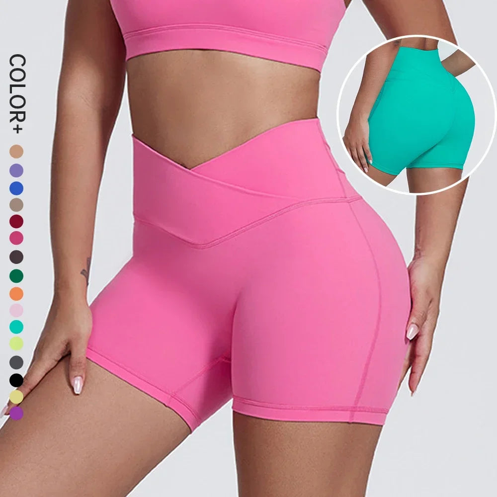 Peach Butt Lift Crossover Waist 4" Gym Shorts High Waist V Yoga Workout Running Shorts