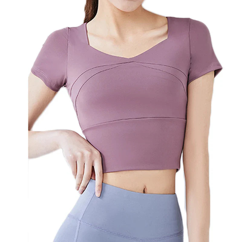 Gym Crop Tops Padded Cup Yoga Tops Elastic Breathable Yoga Bra 3D Fit Cup Slim Fit Workout Short Sleeve Sports Crops