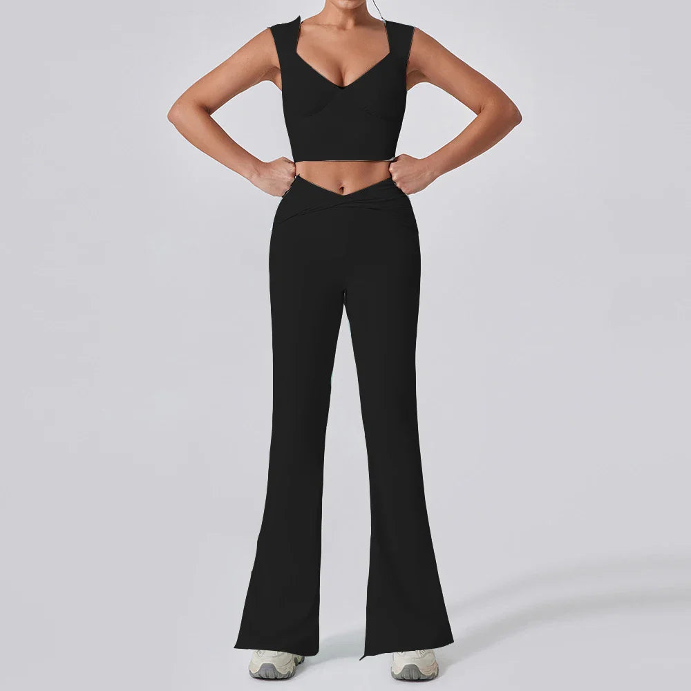 2PCS Women Yoga Set Workout Pant Outfits Fitness Sportswear Gym High Waist Flare Leggings Sports Bra Athletic Tracksuit