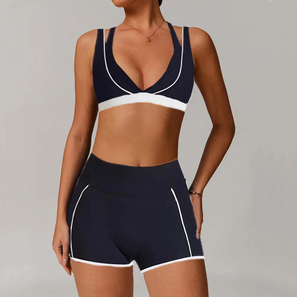 Pad 2PCS Yoga Set Sports Bras V-Neck Halter Pocket Fitness Workout Running Leggings Gym Woman Active Wear Clothing