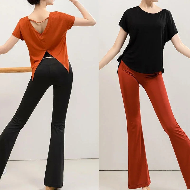 V-Shape Back Split Yoga Top Women's Short Sleeve Lightweight Loose Quick Drying Pilates Dancing Workout Cover-up