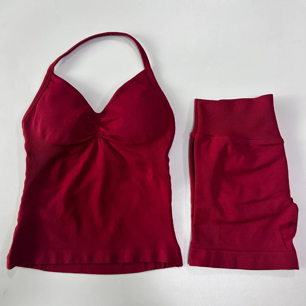 2Pcs Gym Set Women Backless Tank Tops High Waist Scrunch Seamless Shorts Gym Suit Fitness Clothes Activewear Workout Set