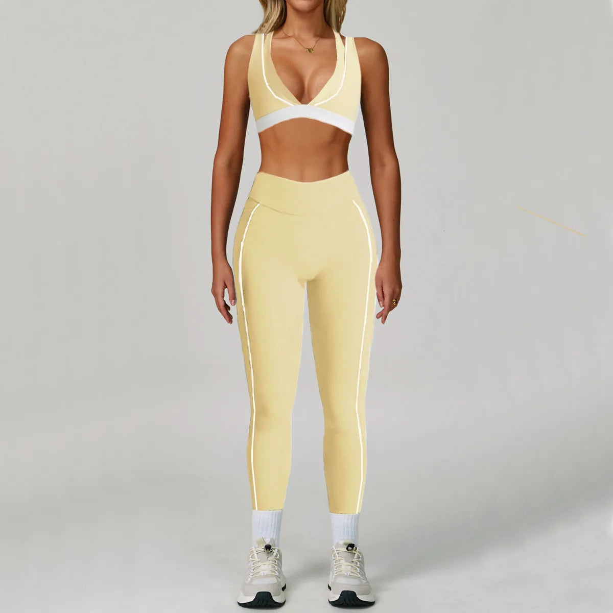 Pad 2PCS Yoga Set Sports Bras V-Neck Halter Pocket Fitness Workout Running Leggings Gym Woman Active Wear Clothing