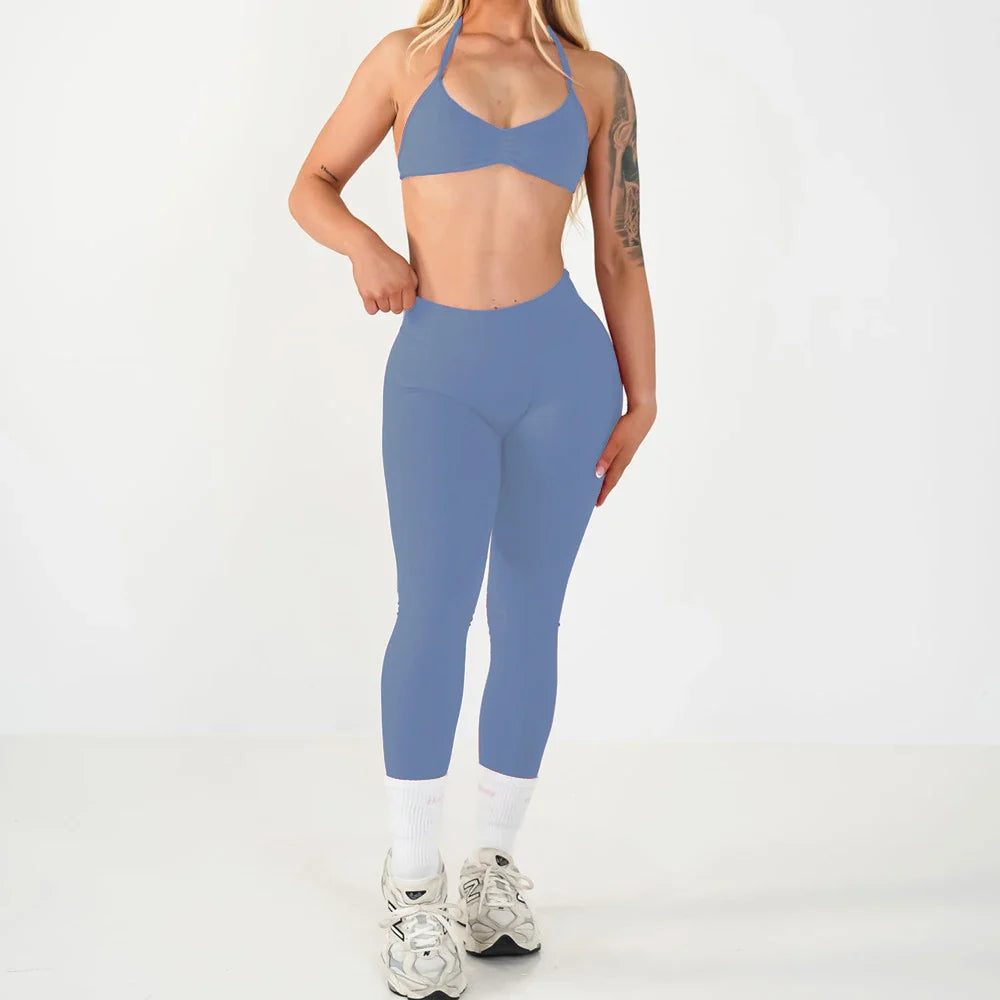 2PCS Seamless Yoga Set Women Workout Scrunch Leggings Strappy Sports Bra Fitness Gym Clothing Workout Set XP389