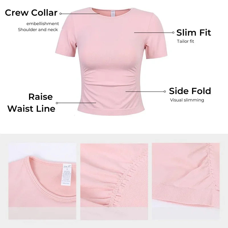 Side Ruched Round Neck Yoga Short Sleeve Seamless Shirts Stretch Breathable Daily Sports Tennis Golf Tops Fitness Crops