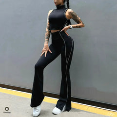 2Pcs Women Yoga Suit Tight Fitting Sports Set Workout Breathable Fitness Bra Gym Long Sleeve Crop Top Bell-bottoms Leggings