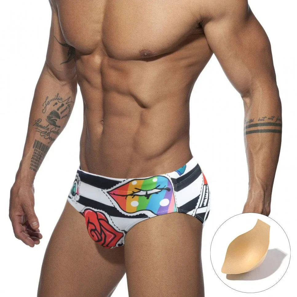 Colored Hearts Push Up Swimwear Men Swimming Briefs Sexy UXH Bikini Swimsuit Men Swim Wear Trunk Beach Surfing Bathing Suit