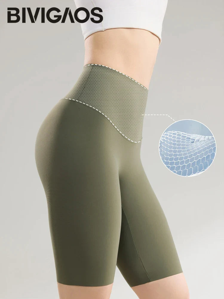 Thin Seamless High Waist Sharkskin Bicycle Shorts Women Knee Length Tight Biker Shorts Sport Short Leggings