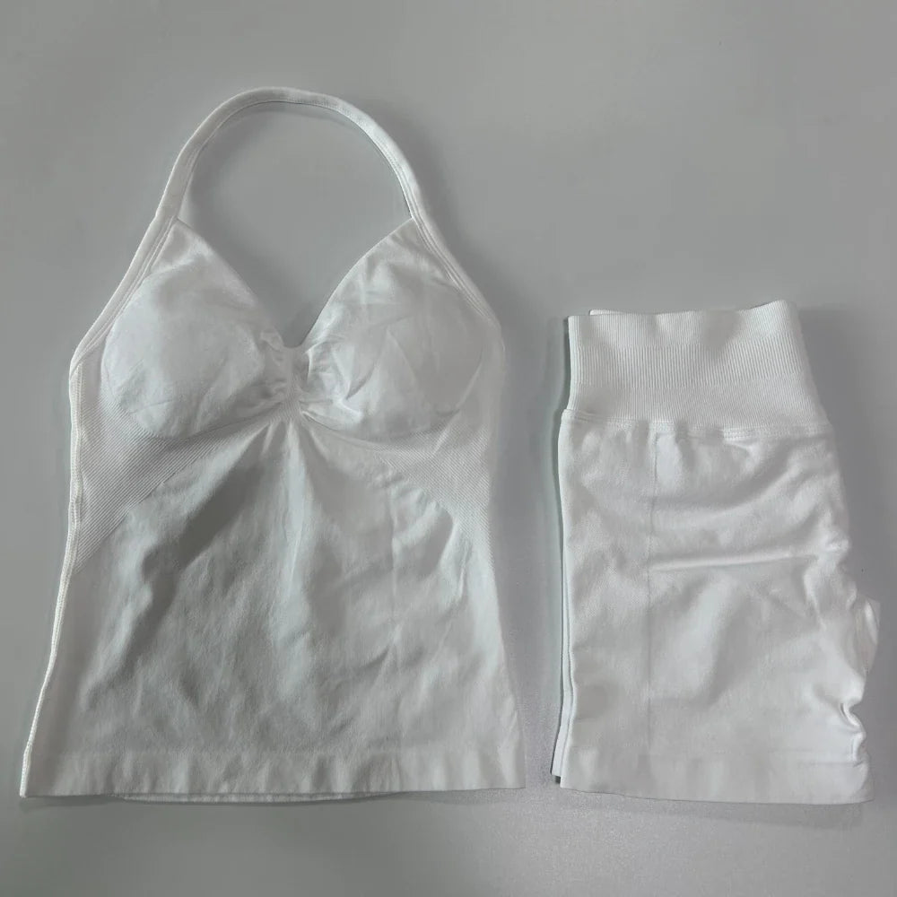 2Pcs Gym Set Women Backless Tank Tops High Waist Scrunch Seamless Shorts Gym Suit Fitness Clothes Activewear Workout Set
