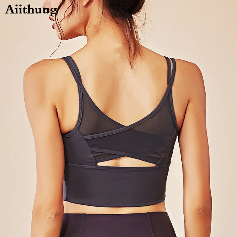 Mesh Breathable Yoga Bra Pilates Crop Bra Yoga Crops Gym Crop Fitness Top Quick Dry Spaghetti Strap Sports Bra