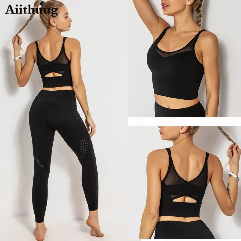 Mesh Breathable Yoga Bra Pilates Crop Bra Yoga Crops Gym Crop Fitness Top Quick Dry Spaghetti Strap Sports Bra