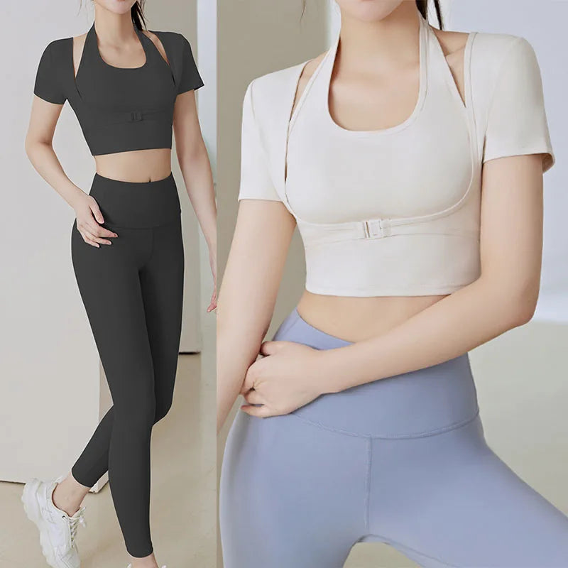 Two Pieces Yoga Shirts Short Sleeve Yoga Crop Tops Build In Cup Gym Crops Gym Shirt Fitness Workout Top Halterneck